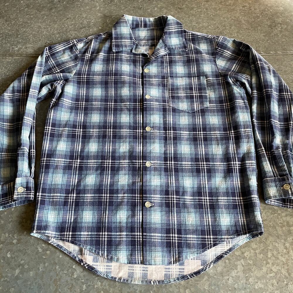 Vintage Handmade Plaid Flannel Button Up Shirt Mens Large XL Blue Western